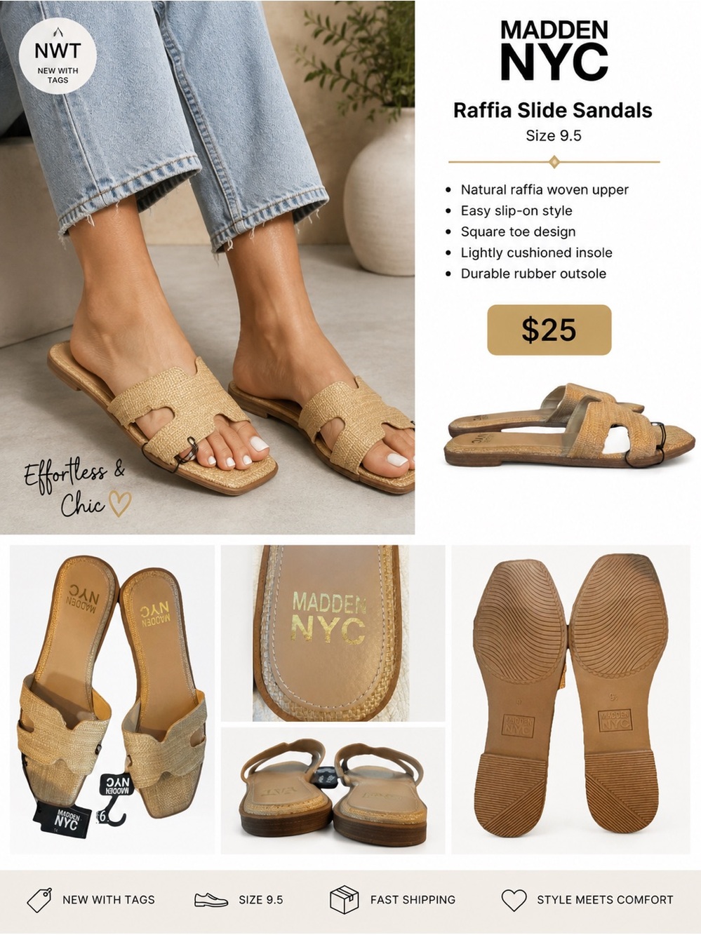 Madden NYC Women's Tan Raffia Slide Sandals 9.5